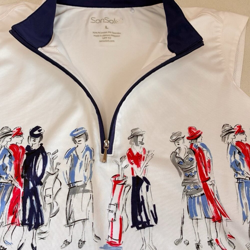 San Soleil Golf Polo Womens Large Retro Women Golfers Graphic White Sleeveless - Picture 4 of 8